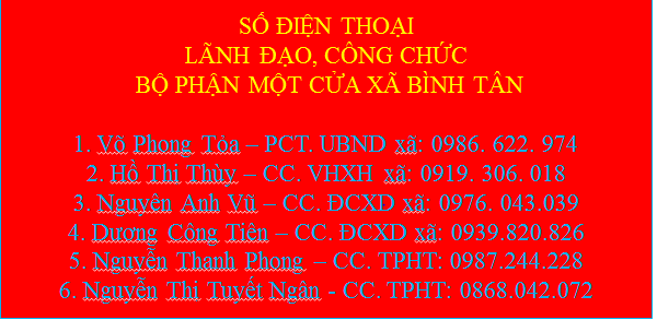 Số điện thoại lãnh đạo, công chức bộ phận Một cửa xã Bình Tân